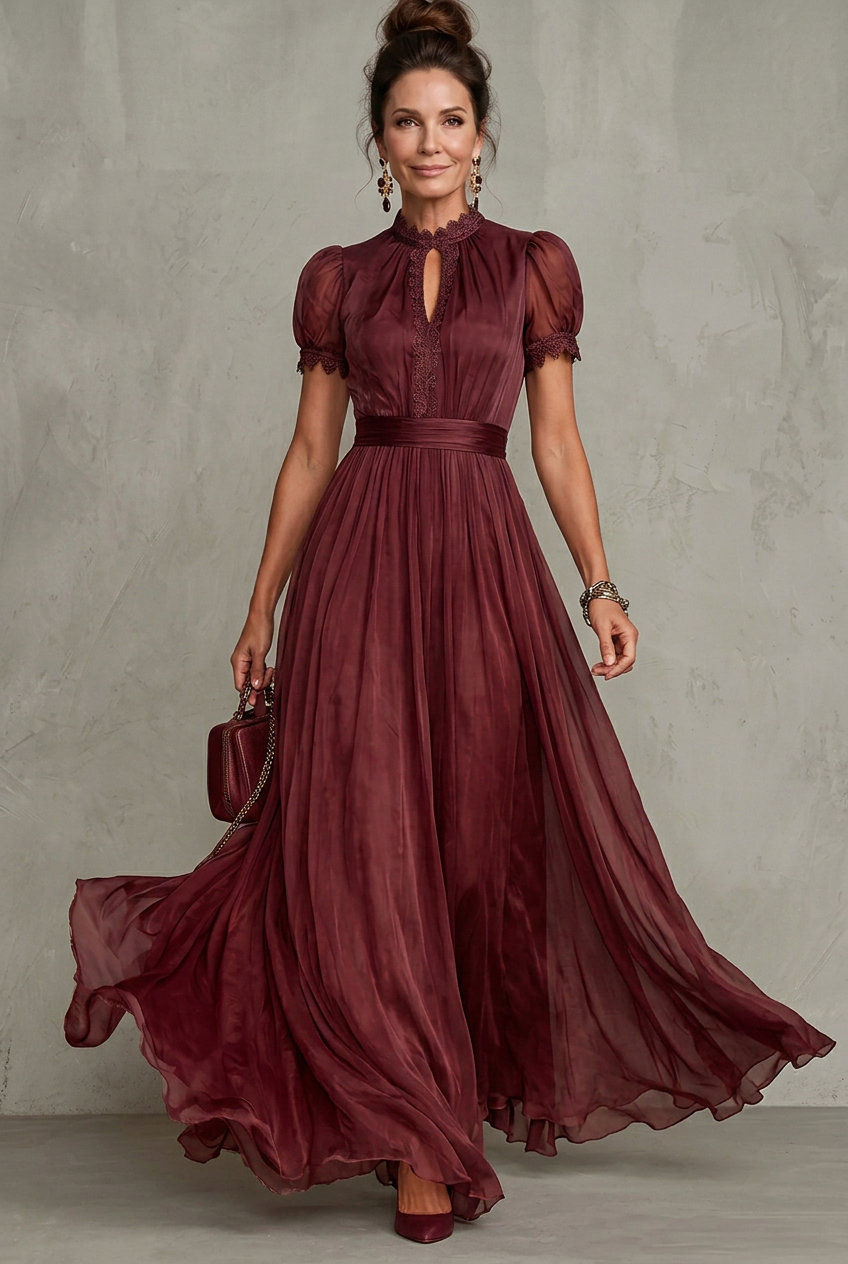 Thessaly | Women's Pleated Maxi Dress with Lace Trim - Pink - Image 5