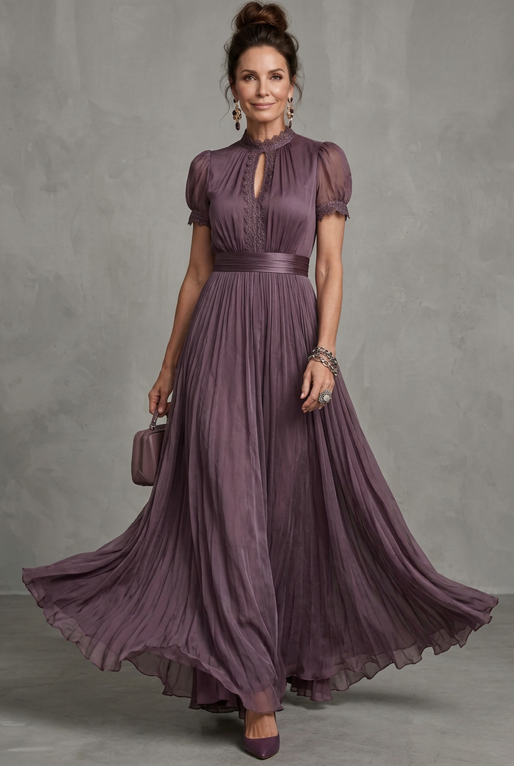 Thessaly | Women's Pleated Maxi Dress with Lace Trim - Pink - Image 6