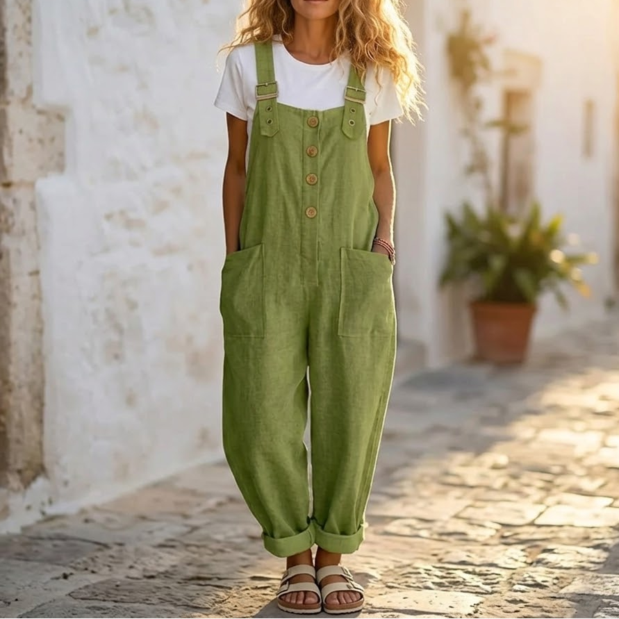 Thessaly | Women's Relaxed Fit Bib Overall Jumpsuit - Green - Image 1