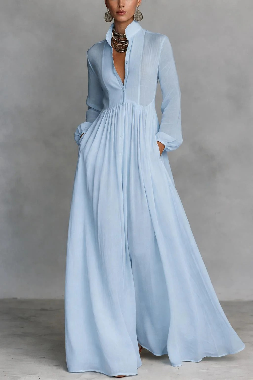 Thessaly | Women's Summer Maxi Dress Long Sleeve - Light Blue - Image 1