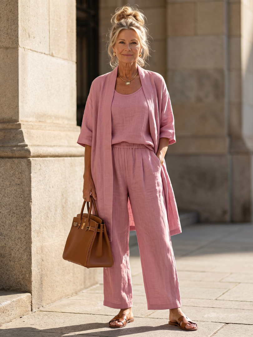 Thessaly | Women's Three Piece Co-ord Lounge Set - Pink - Image 1