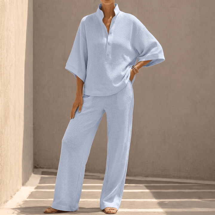 Thessaly | Women's Waffle Knit Co-ord Two-Piece Set - Powder Blue - Image 12