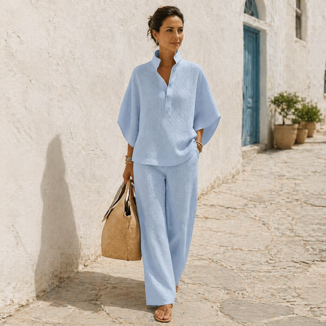 Thessaly | Women's Waffle Knit Co-ord Two-Piece Set - Powder Blue - Image 4