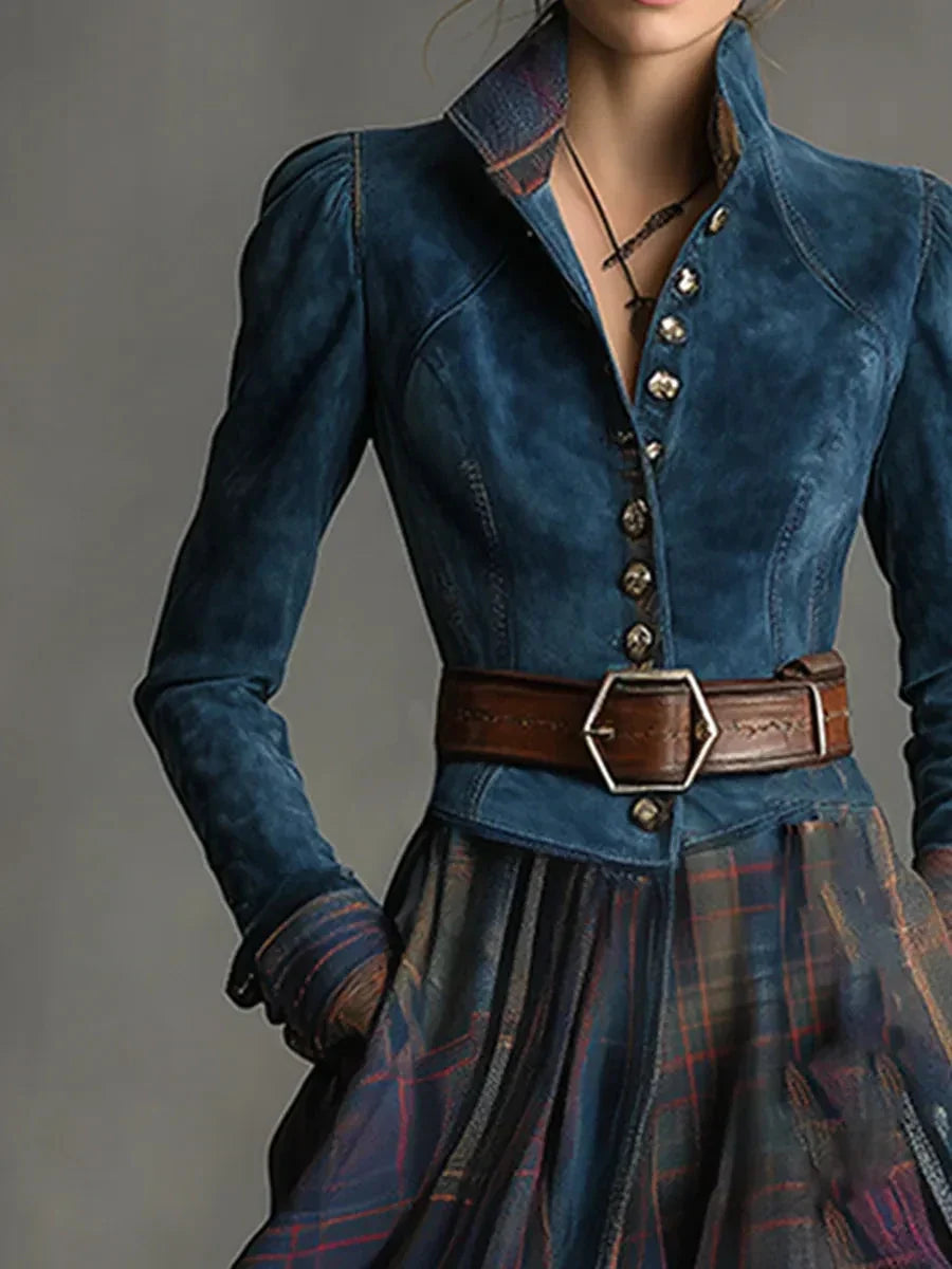 Thessara | Women's Maxi Dress Plaid Skirt Long Sleeve - Navy - Image 2