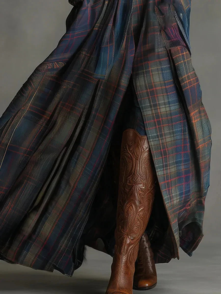 Thessara | Women's Maxi Dress Plaid Skirt Long Sleeve - Navy - Image 3
