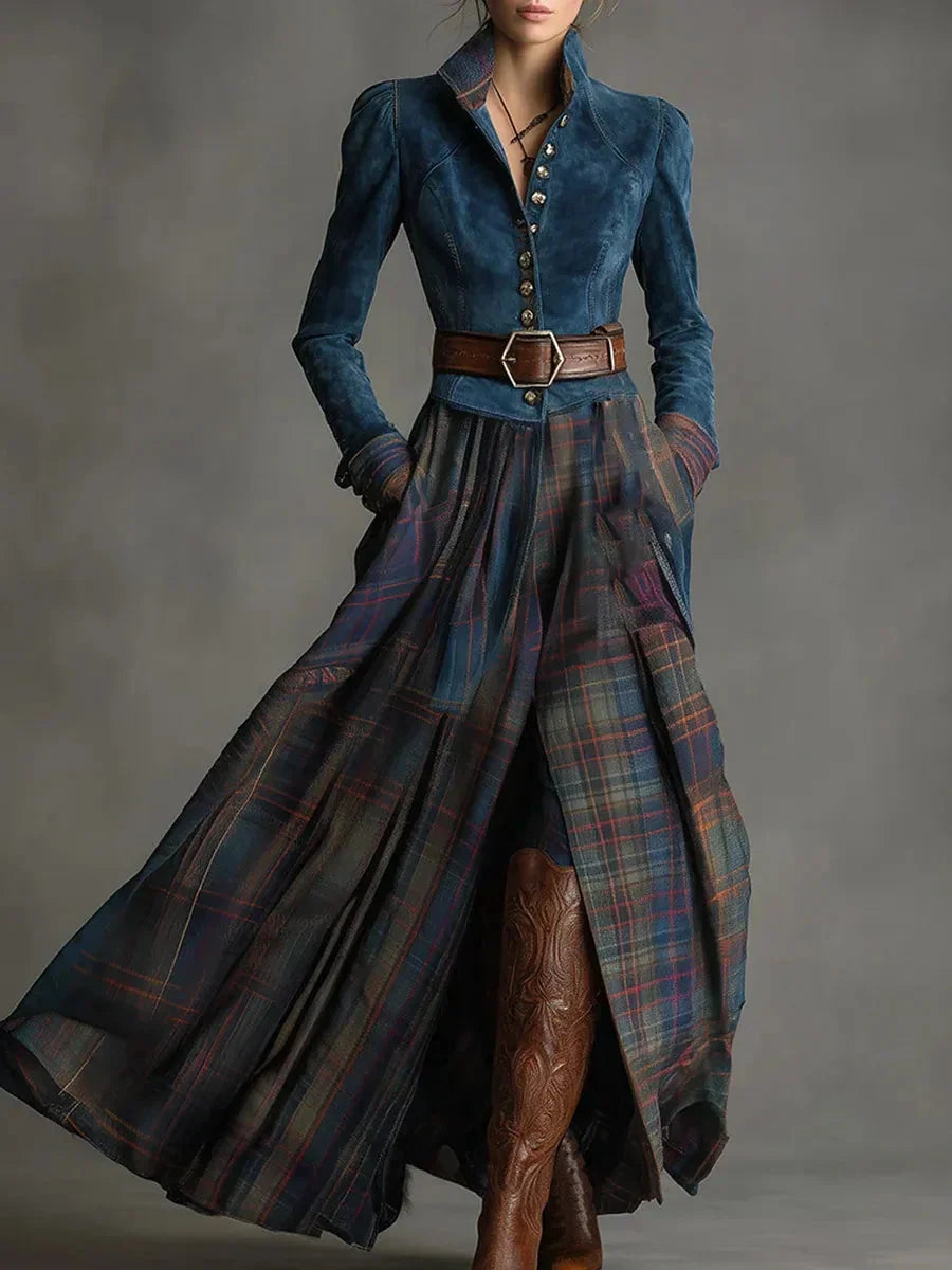 Thessara | Women's Maxi Dress Plaid Skirt Long Sleeve - Navy - Image 4