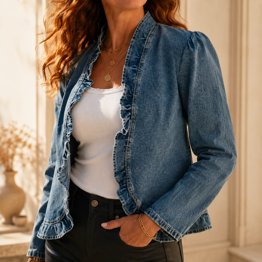 Thessine | Women's Ruffle Trim Open Front Denim Jacket - Blue - Image 1