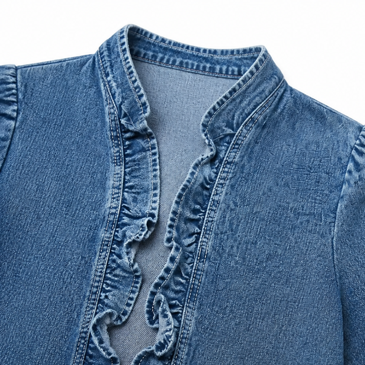 Thessine | Women's Ruffle Trim Open Front Denim Jacket - Blue - Image 7