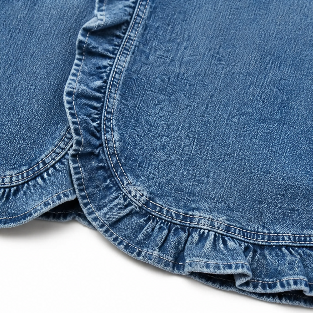Thessine | Women's Ruffle Trim Open Front Denim Jacket - Blue - Image 8