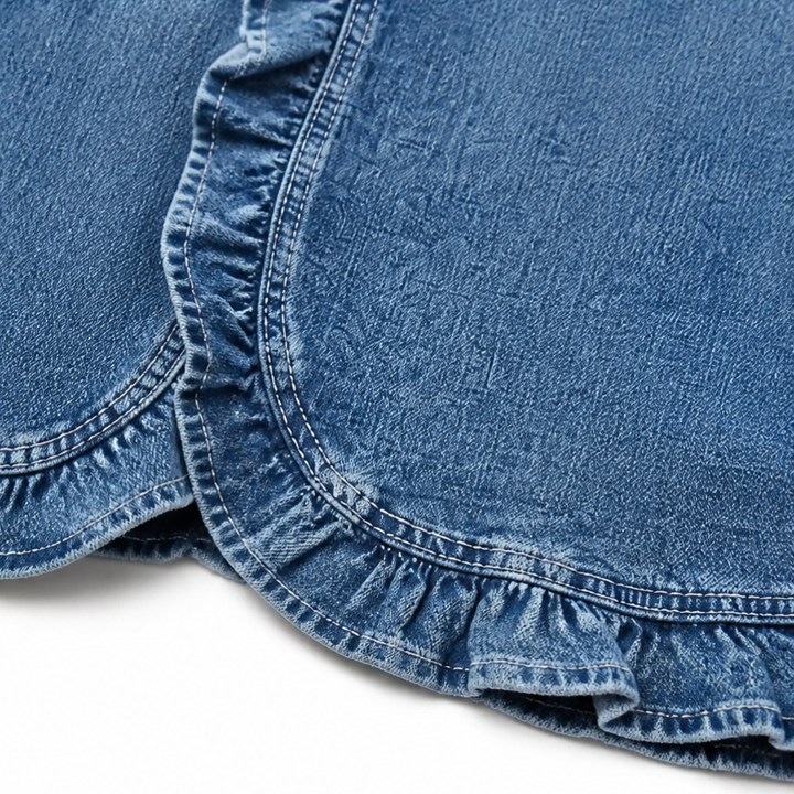Thessine | Women's Ruffle Trim Open Front Denim Jacket - Blue - Image 8