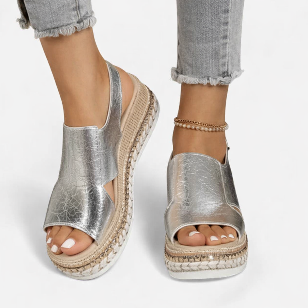 Thessora | Women's Platform Wedge Sandals Open Toe - Silver - Image 1