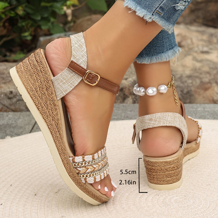 Thessvara | Women's Boho Wedge Sandals - Beige - Image 2