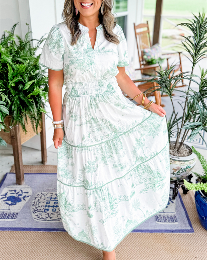 Thessvara | Women's Toile Print Tiered Maxi Dress - White - Image 10