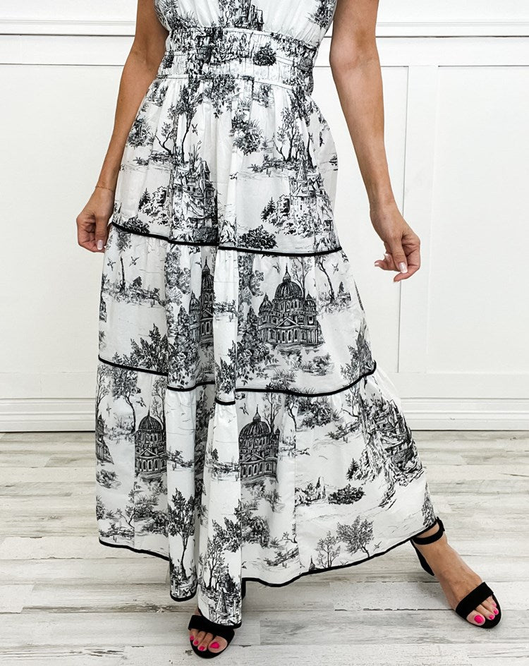 Thessvara | Women's Toile Print Tiered Maxi Dress - White - Image 11
