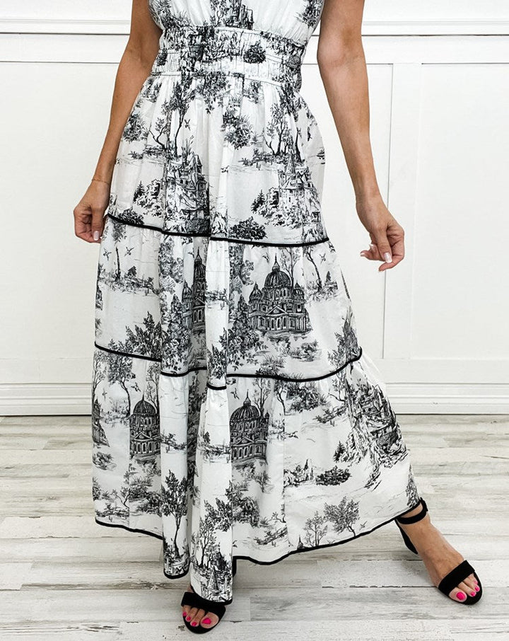 Thessvara | Women's Toile Print Tiered Maxi Dress - White - Image 11