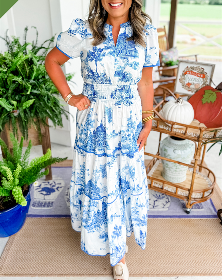 Thessvara | Women's Toile Print Tiered Maxi Dress - White - Image 2