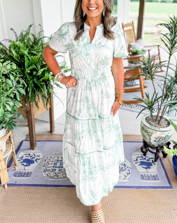 Thessvara | Women's Toile Print Tiered Maxi Dress - White - Image 3