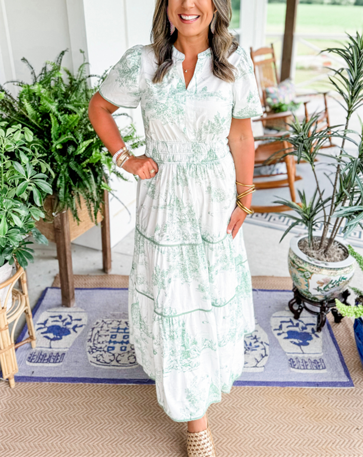 Thessvara | Women's Toile Print Tiered Maxi Dress - White - Image 3
