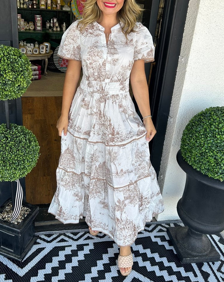 Thessvara | Women's Toile Print Tiered Maxi Dress - White - Image 5