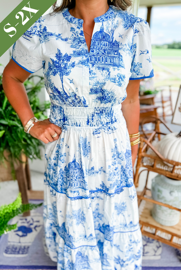 Thessvara | Women's Toile Print Tiered Maxi Dress - White - Image 6