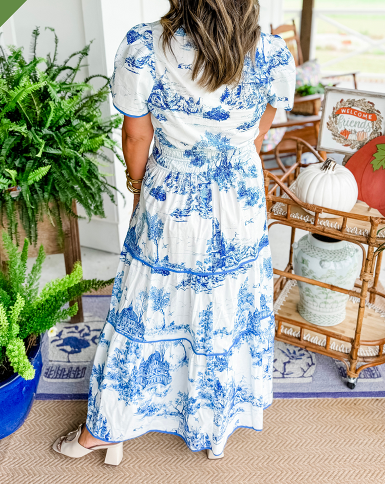 Thessvara | Women's Toile Print Tiered Maxi Dress - White - Image 7