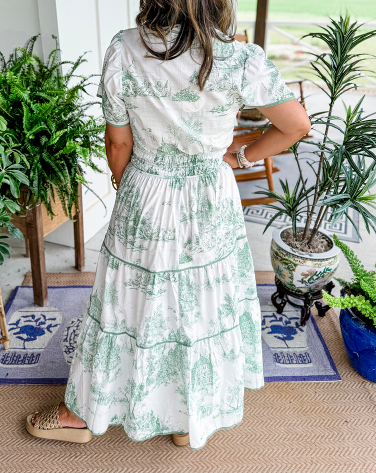 Thessvara | Women's Toile Print Tiered Maxi Dress - White - Image 9