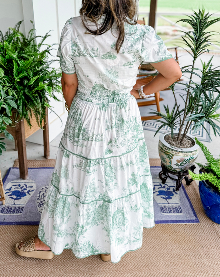 Thessvara | Women's Toile Print Tiered Maxi Dress - White - Image 9
