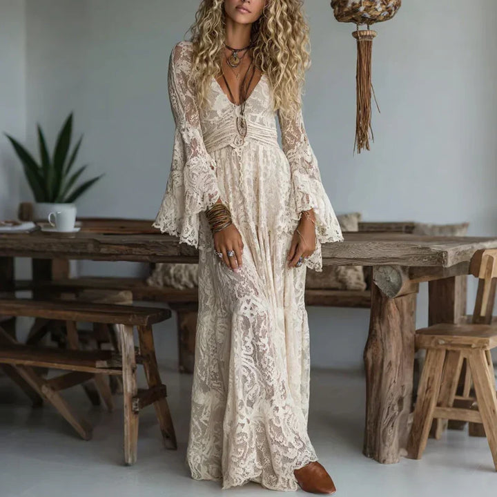 Thessvine | Women's Lace Maxi Dress Bell Sleeve Boho - Cream - Image 1