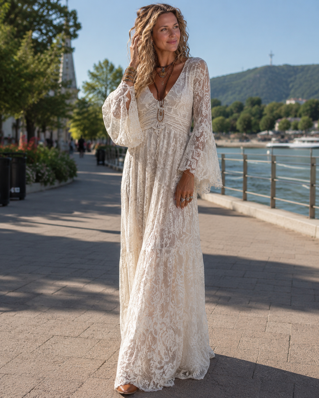 Thessvine | Women's Lace Maxi Dress Bell Sleeve Boho - Cream - Image 2