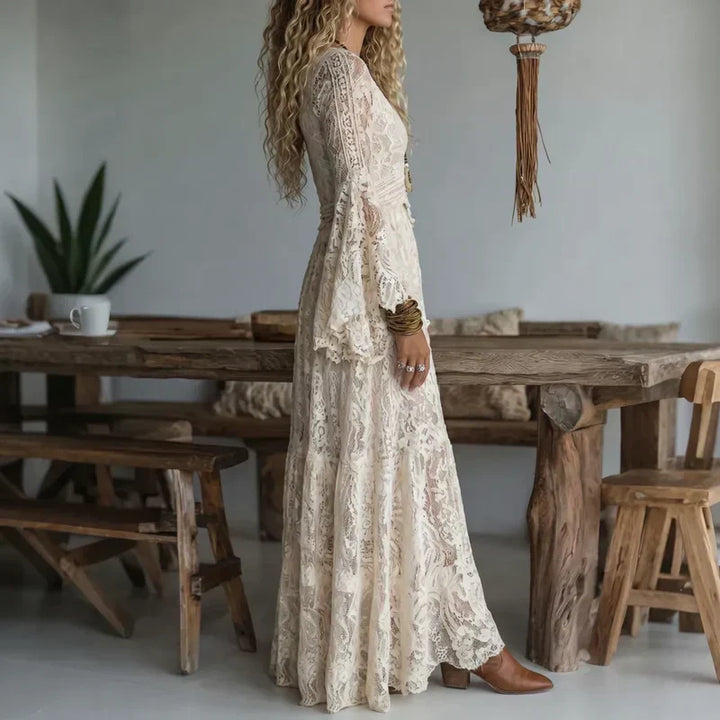 Thessvine | Women's Lace Maxi Dress Bell Sleeve Boho - Cream - Image 3