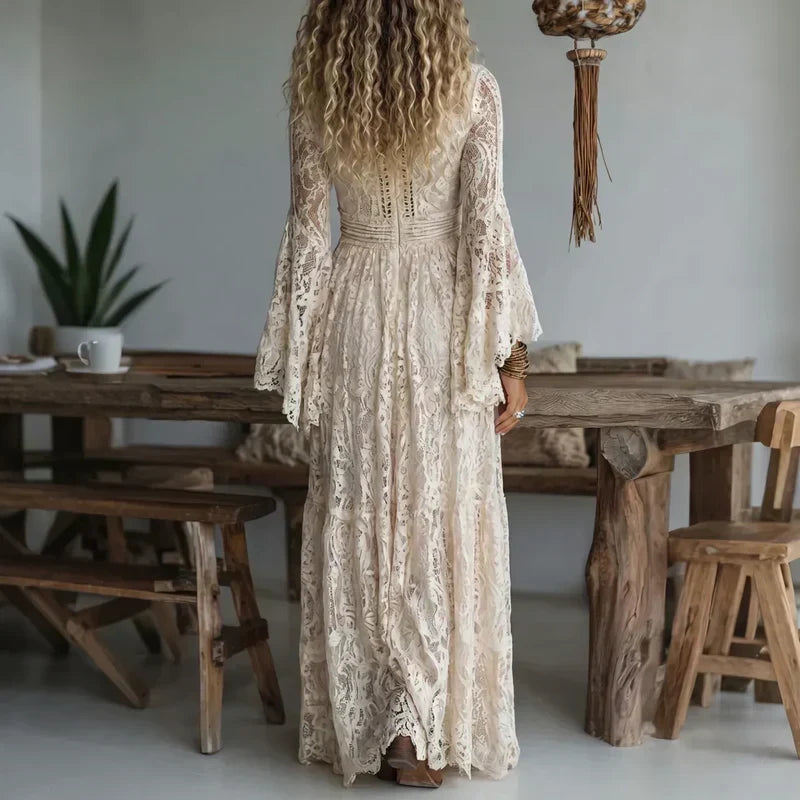 Thessvine | Women's Lace Maxi Dress Bell Sleeve Boho - Cream - Image 4