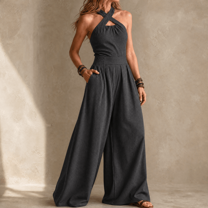 Thessvine | Women's Wide Leg Halter Jumpsuit - Dark Grey - Image 12