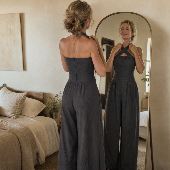 Thessvine | Women's Wide Leg Halter Jumpsuit - Dark Grey - Image 5