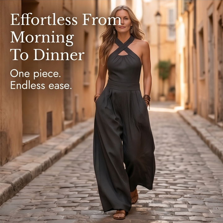 Thessvine | Women's Wide Leg Halter Jumpsuit - Dark Grey - Image 9