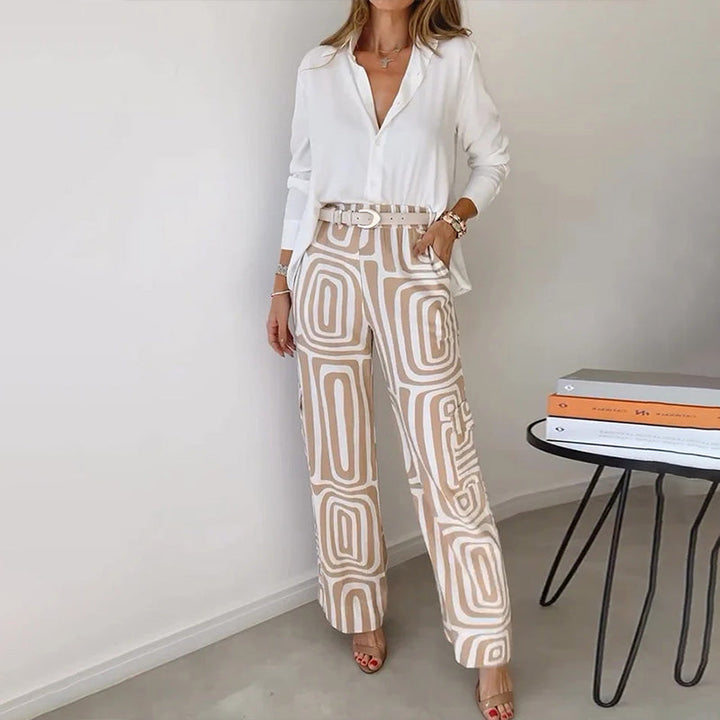 Thesswin | Women's Printed Wide Leg Pants Two-Piece Set - Beige - Image 1