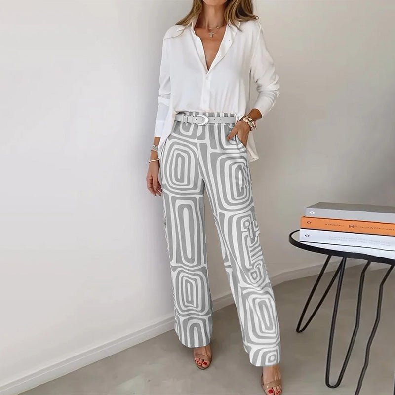 Thesswin | Women's Printed Wide Leg Pants Two-Piece Set - Beige - Image 2