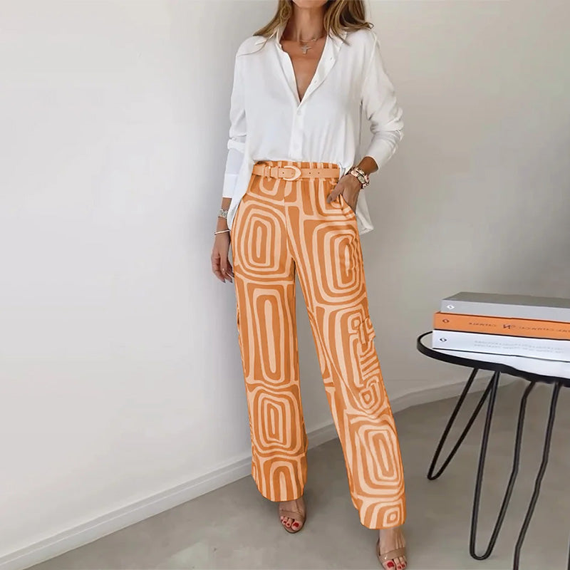 Thesswin | Women's Printed Wide Leg Pants Two-Piece Set - Beige - Image 3
