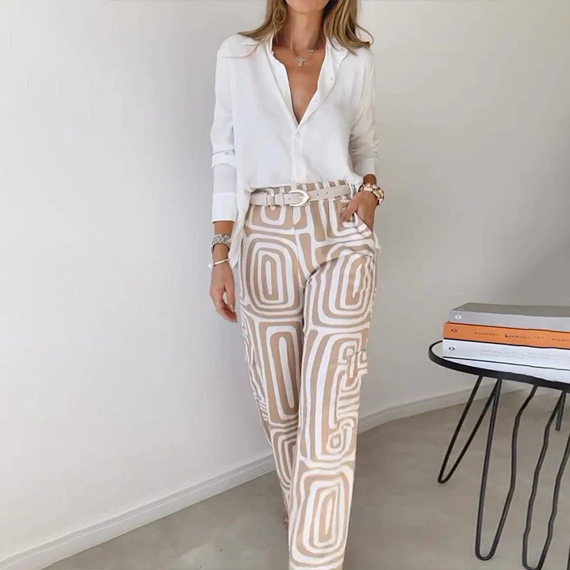 Thesswin | Women's Printed Wide Leg Pants Two-Piece Set - Beige - Image 5