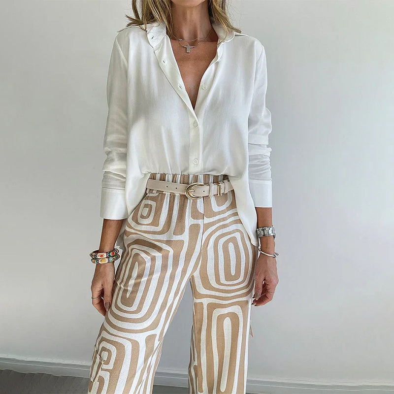 Thesswin | Women's Printed Wide Leg Pants Two-Piece Set - Beige - Image 6