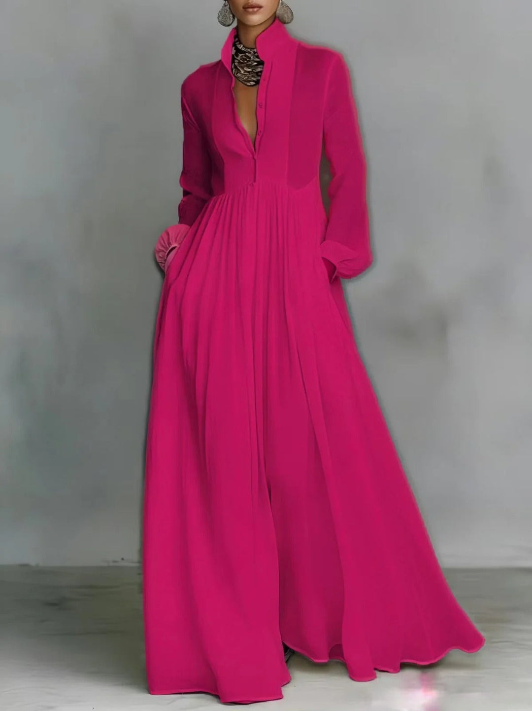 Thovaine | Women's Summer Maxi Dress Long Sleeve - Hot Pink - Image 1