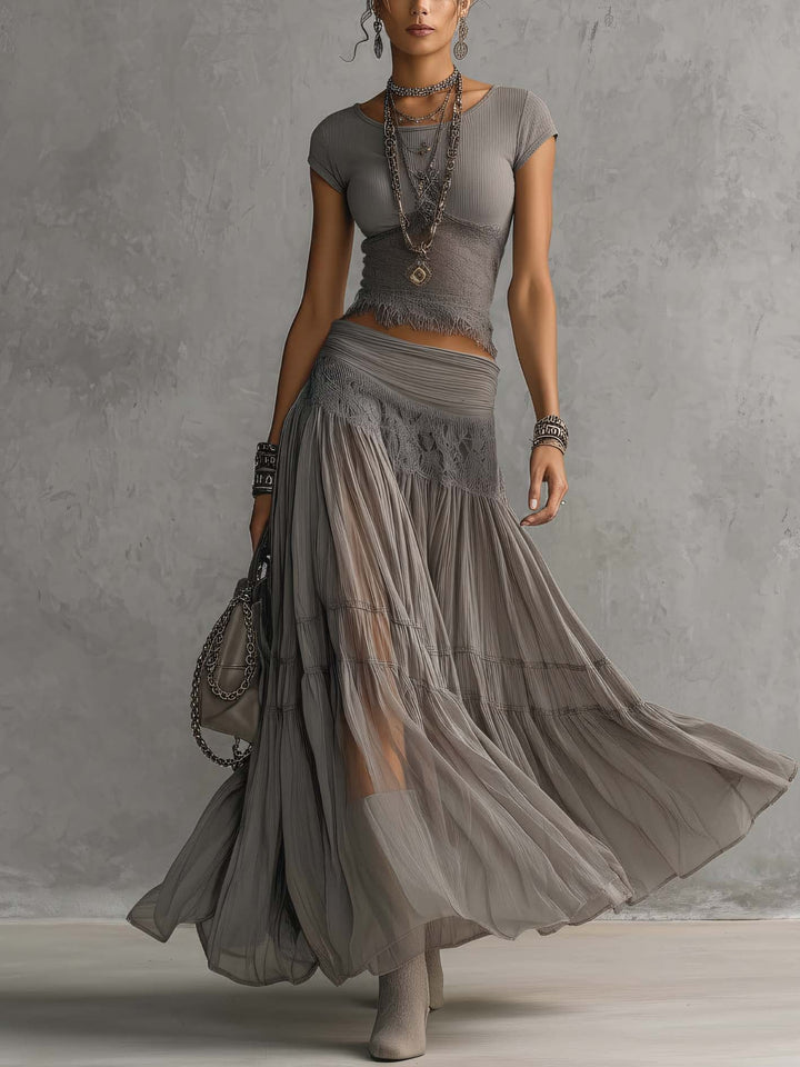 Threnelle | Women's Two Piece Maxi Skirt Set - Grey - Image 1