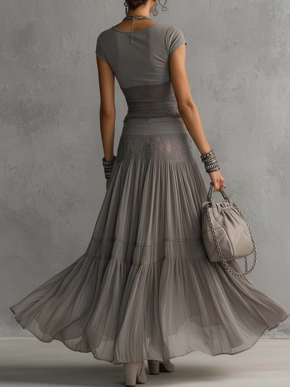 Threnelle | Women's Two Piece Maxi Skirt Set - Grey - Image 2