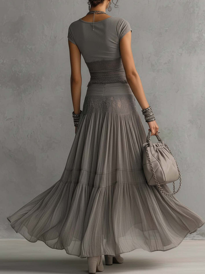 Threnelle | Women's Two Piece Maxi Skirt Set - Grey - Image 2