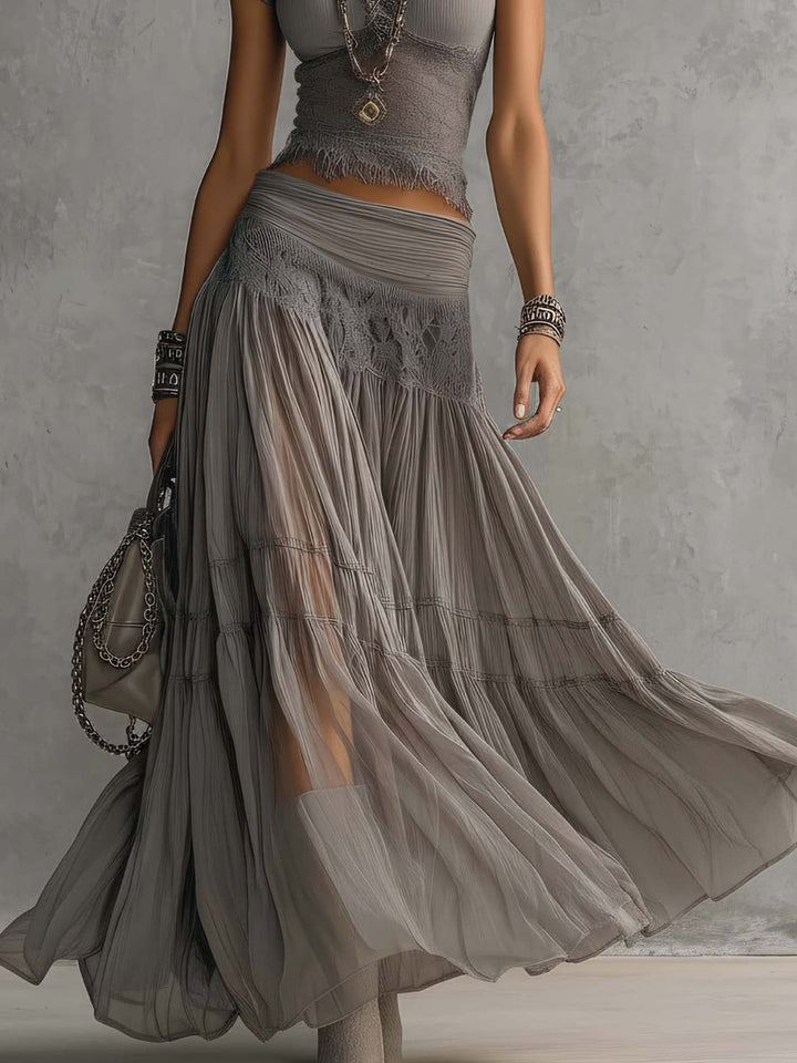 Threnelle | Women's Two Piece Maxi Skirt Set - Grey - Image 4