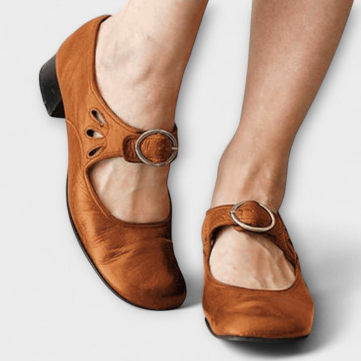 Threnova | Women's Buckle Mary Jane Low Heel Shoes - Camel - Image 1