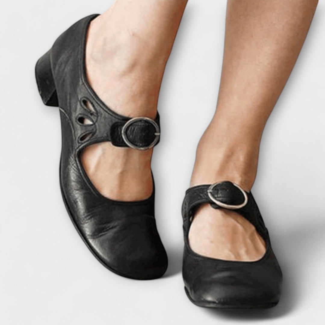Threnova | Women's Buckle Mary Jane Low Heel Shoes - Camel - Image 2