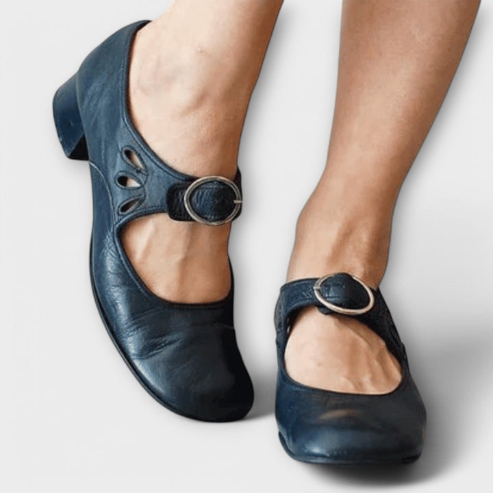Threnova | Women's Buckle Mary Jane Low Heel Shoes - Camel - Image 4