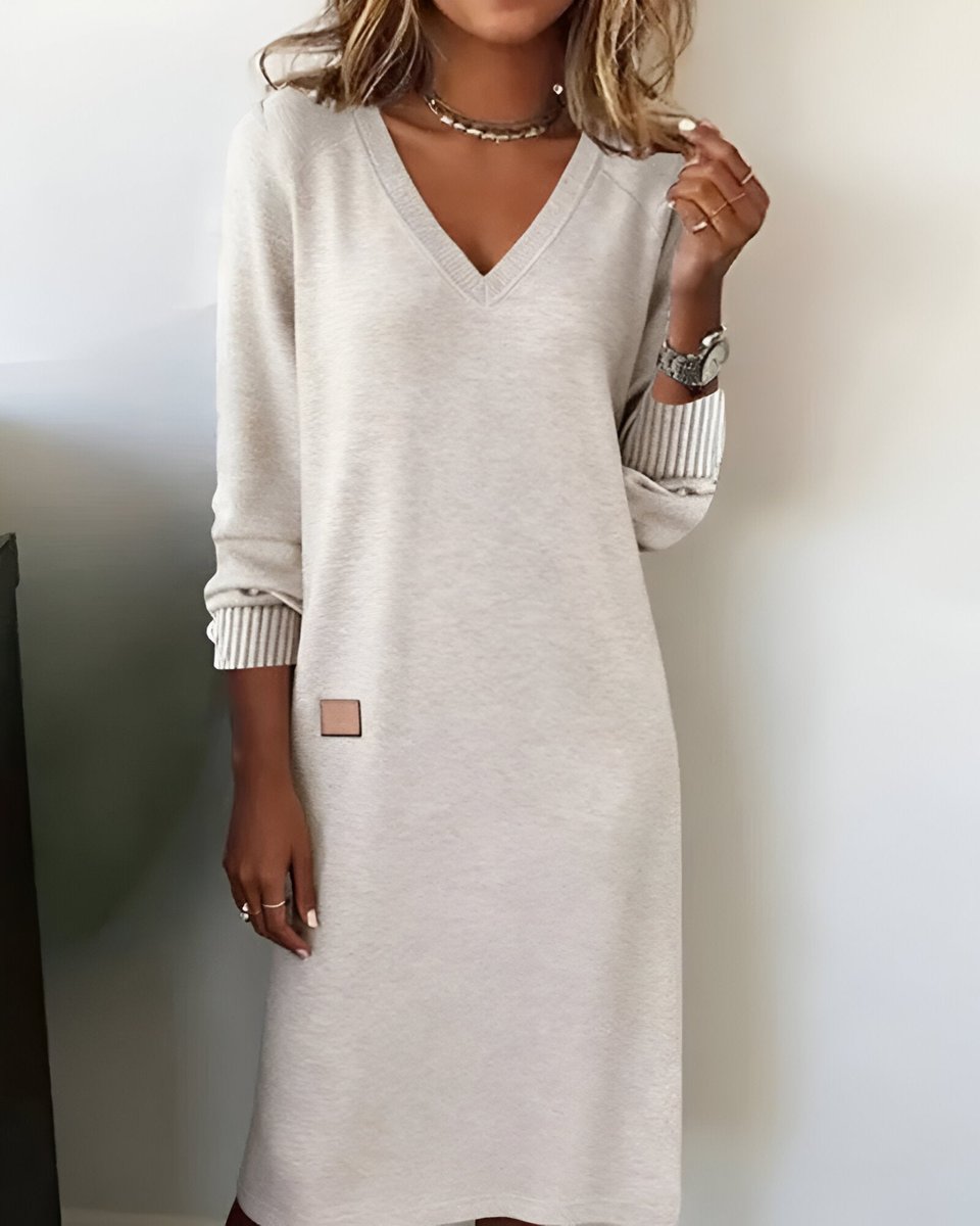 Threnova | Women's Long Sleeve V-Neck Midi Dress - Beige - Image 1