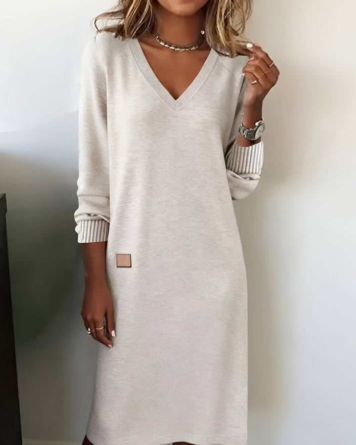 Threnova | Women's Long Sleeve V-Neck Midi Dress - Beige - Image 1
