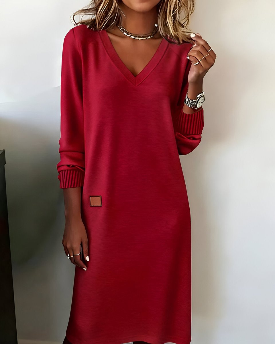 Threnova | Women's Long Sleeve V-Neck Midi Dress - Beige - Image 3